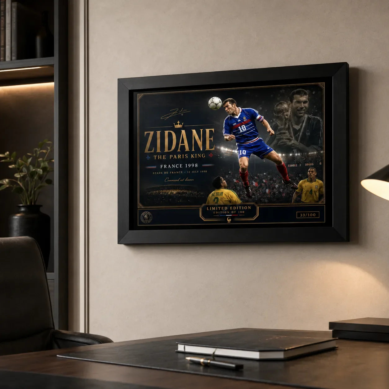 Zinedine Zidane soccer wall art in a black frame displayed in a refined office with warm desk lighting.