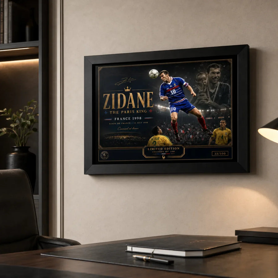 Zinedine Zidane soccer wall art in a black frame displayed in a refined office with warm desk lighting.