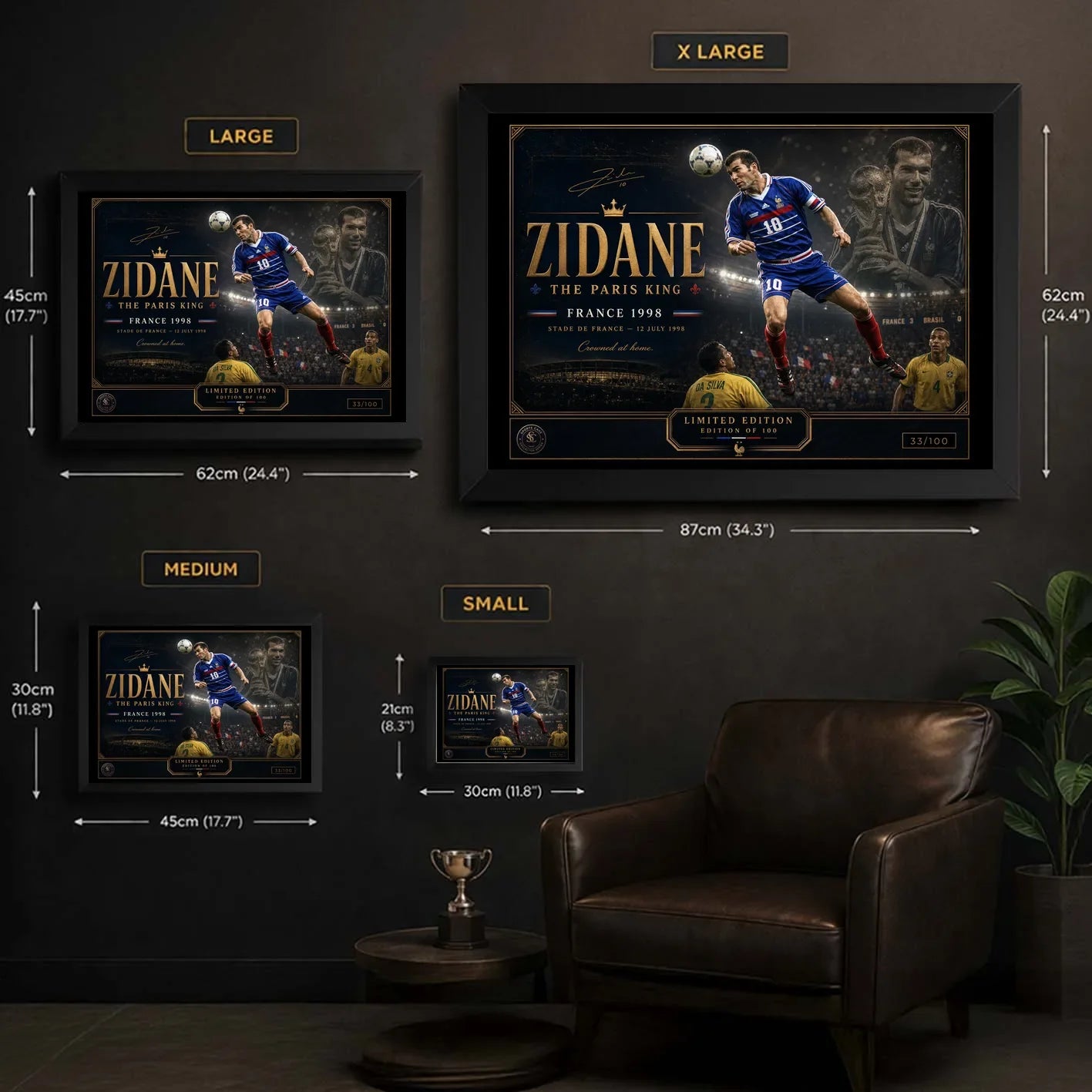 Size guide for Zinedine Zidane framed sports wall art showing small, medium, large and XL dimensions.
