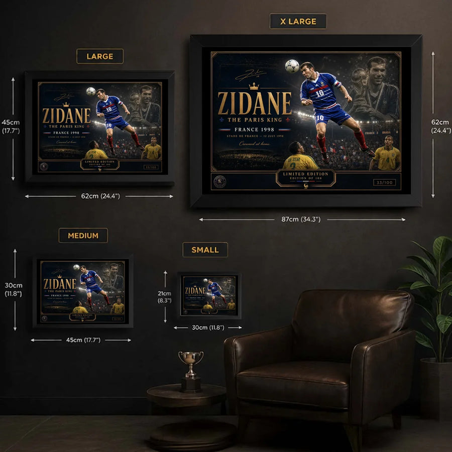 Size guide for Zinedine Zidane framed sports wall art showing small, medium, large and XL dimensions.
