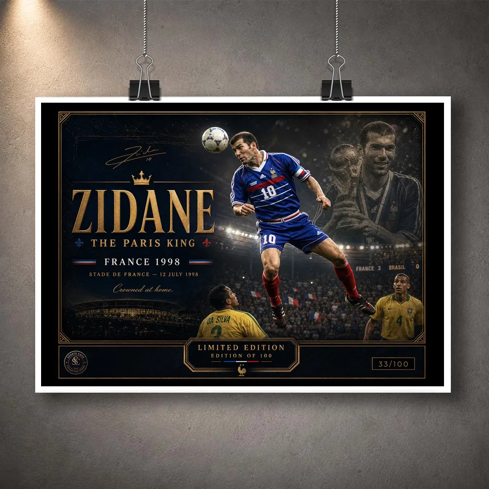 Unframed Zinedine Zidane soccer artwork shown clipped on a grey wall as a limited edition sports print.