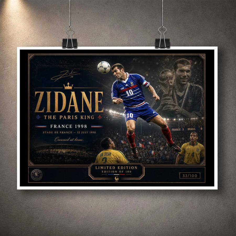 Unframed Zinedine Zidane soccer artwork shown clipped on a grey wall as a limited edition sports print.