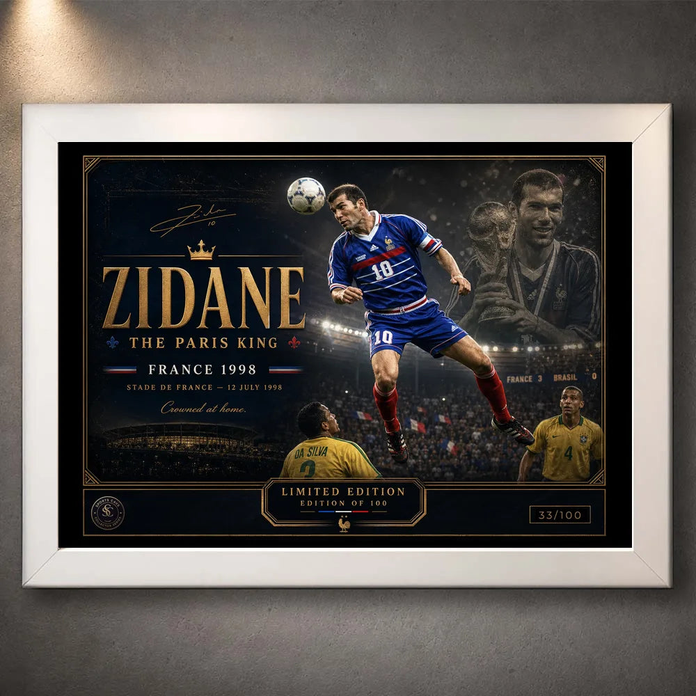 White-framed Zinedine Zidane soccer wall art featuring the France 1998 collector design on a grey wall.