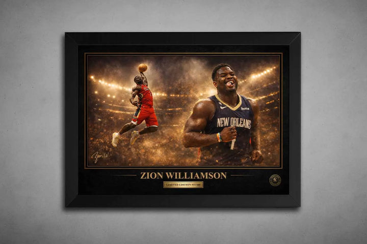 Zion Williamson framed sports wall art featuring explosive dunk and New Orleans Pelicans action in a premium black frame display.
