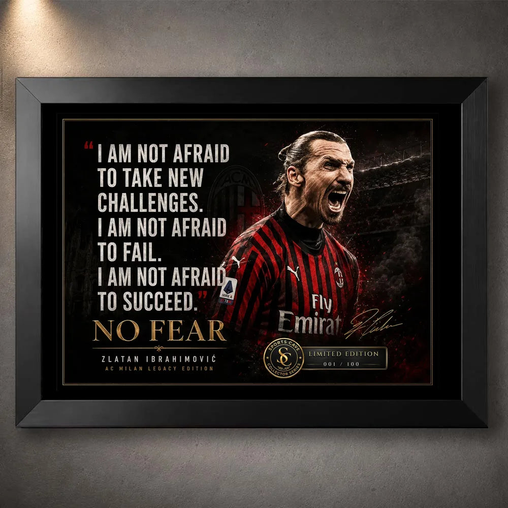 Black framed Zlatan Ibrahimovic soccer wall art with AC Milan colours and a bold No Fear quote design.
