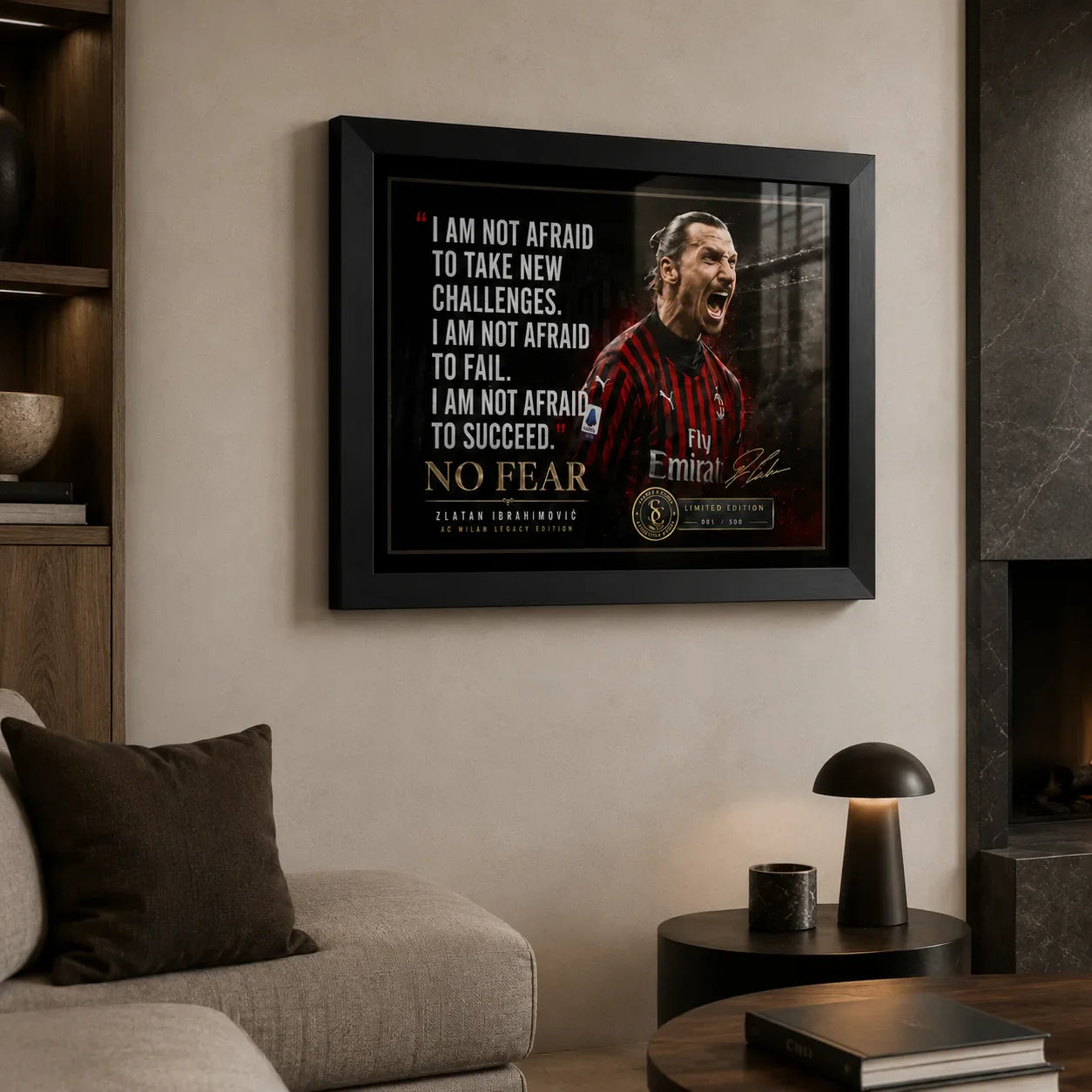 Zlatan Ibrahimovic soccer wall art in a black frame displayed above a sofa in a modern living room.