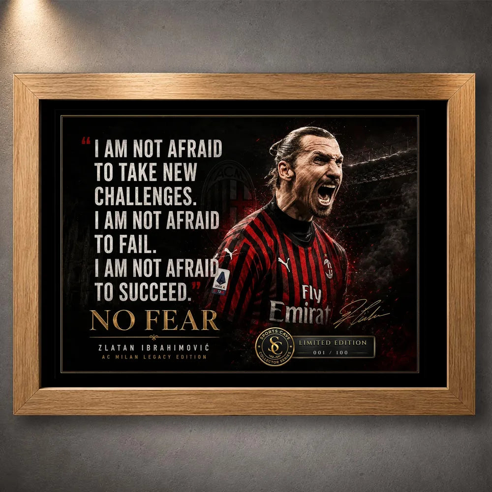 Oak framed Zlatan Ibrahimovic soccer wall art with AC Milan colours and a bold No Fear quote design.