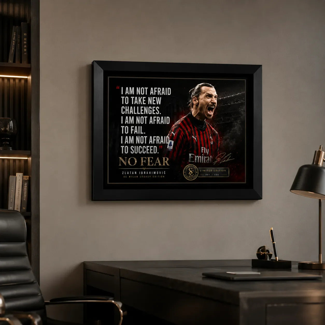 Zlatan Ibrahimovic soccer wall art in a black frame displayed above a desk in a modern office setting.