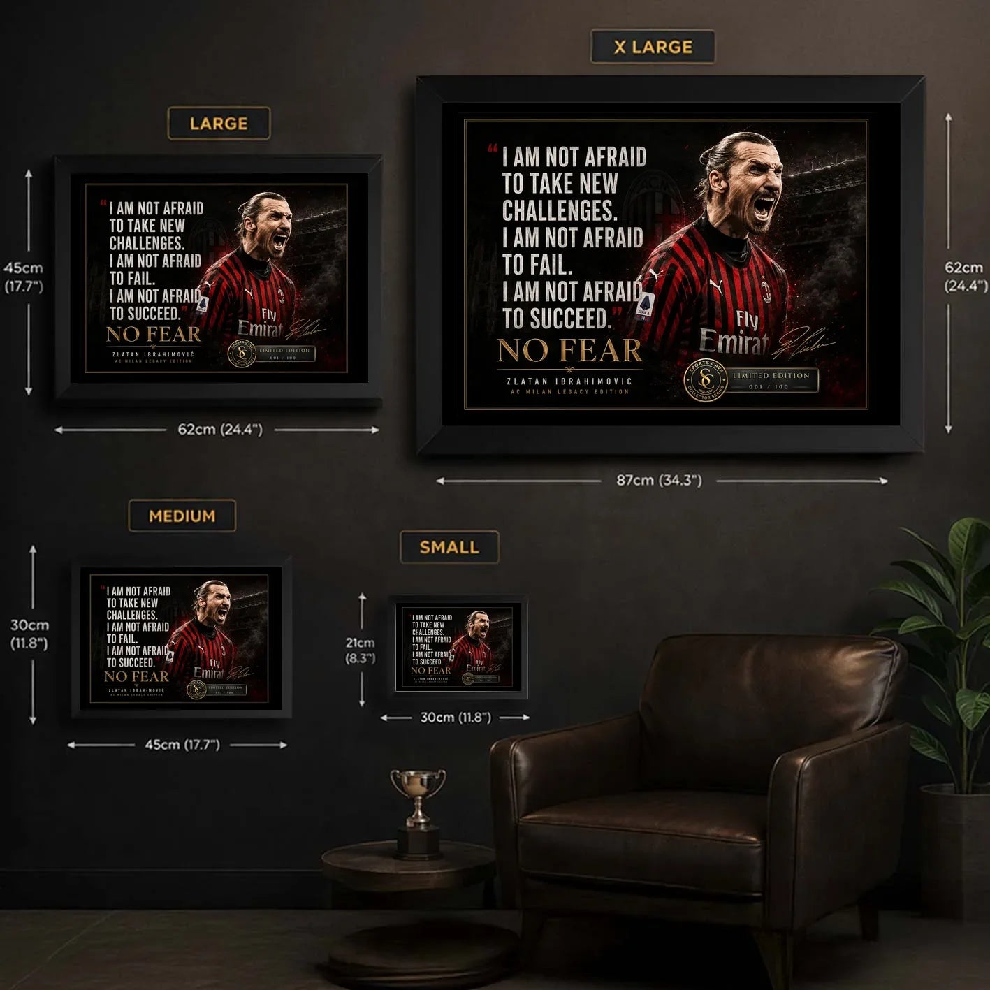 Size guide for Zlatan Ibrahimovic soccer wall art showing small, medium, large and XL framed options.