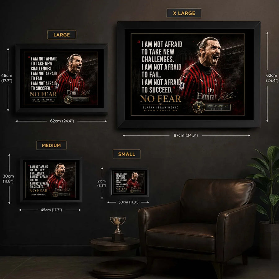Size guide for Zlatan Ibrahimovic soccer wall art showing small, medium, large and XL framed options.