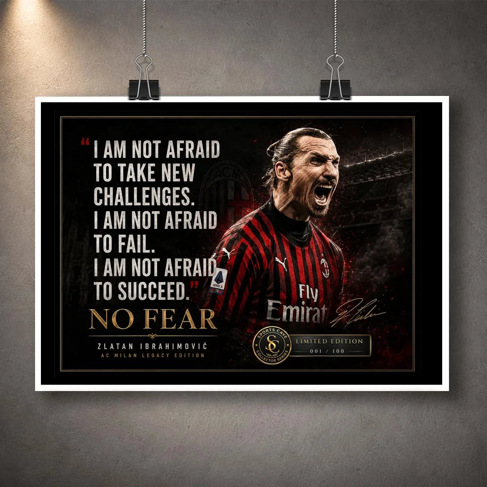 Unframed Zlatan Ibrahimovic soccer wall art print with AC Milan colours and a bold No Fear quote design.