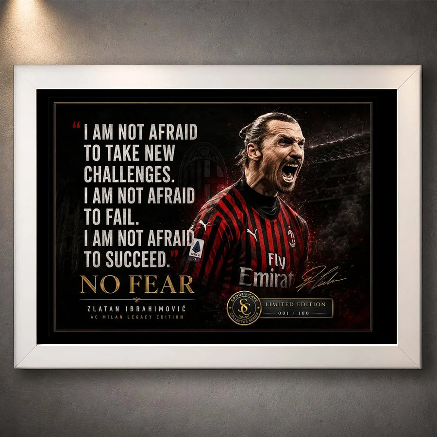 White framed Zlatan Ibrahimovic soccer wall art with AC Milan colours and a bold No Fear quote design.