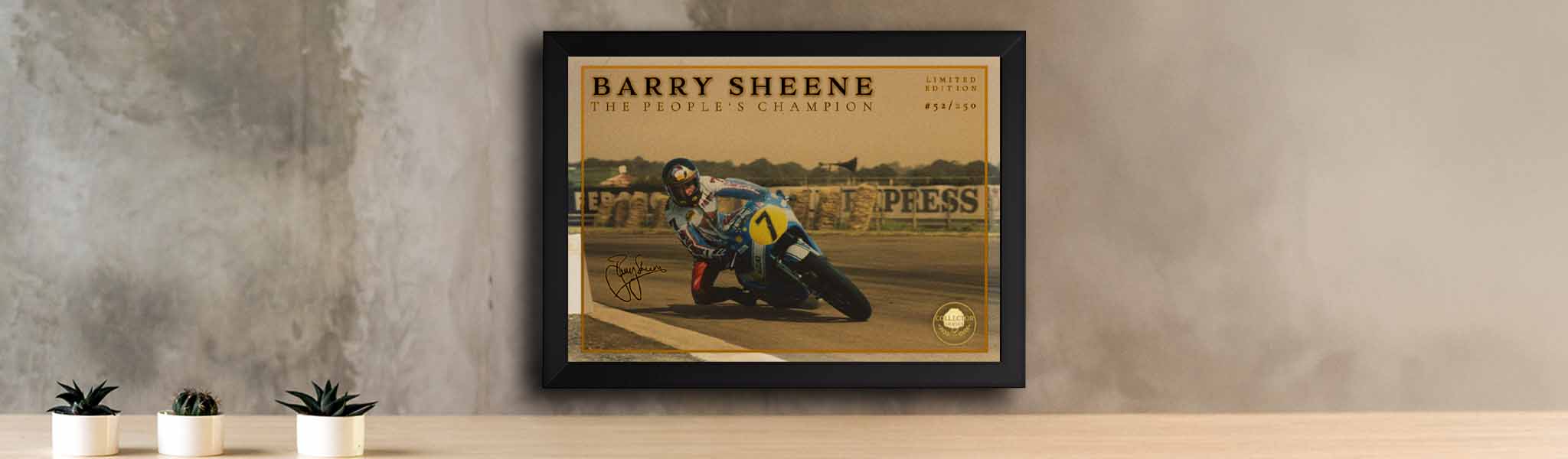 Barry Sheene limited edition framed sports wall art on shelf—vintage motorcycle racing print perfect for UK motorsport fans and collectors.