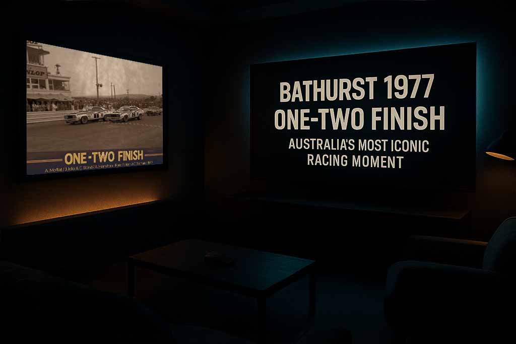Bathurst 1977 One-Two Finish motorsport poster in dark home theatre, premium sports wall art and sports posters Australia.