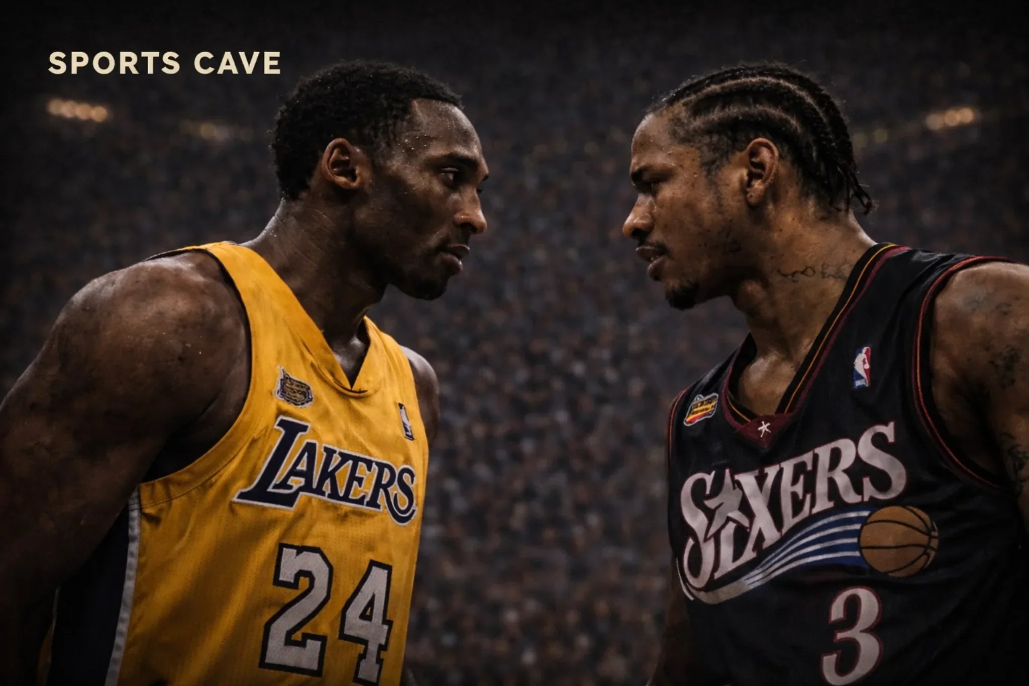 Kobe Bryant and Allen Iverson locked in an intense stare-down on court, dramatic NBA rivalry moment used as blog cover image.