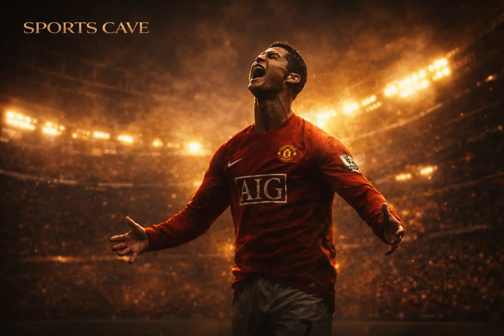 Cristiano Ronaldo Manchester United celebration in golden stadium lighting, premium sports wall art mindset visual