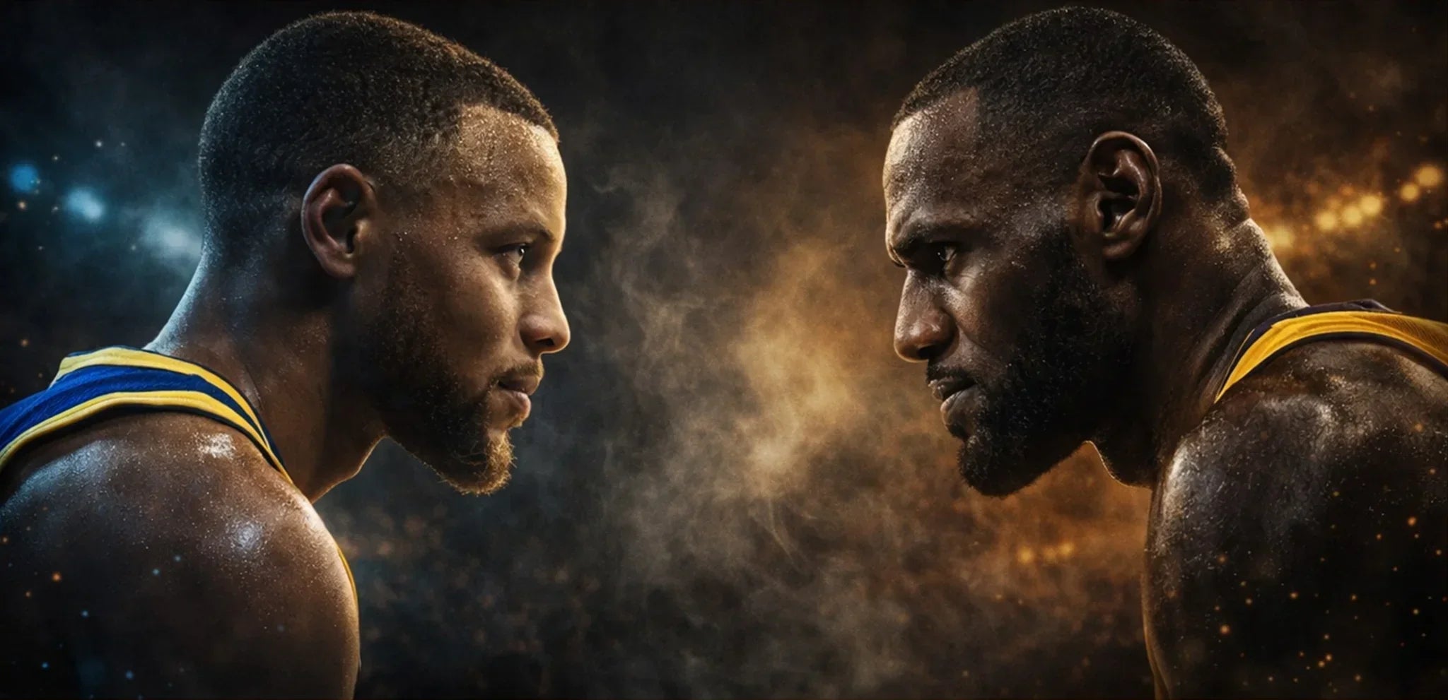 Stephen Curry and LeBron James face off in dramatic NBA rivalry artwork with contrasting blue and gold lighting, premium basketball wall art design 