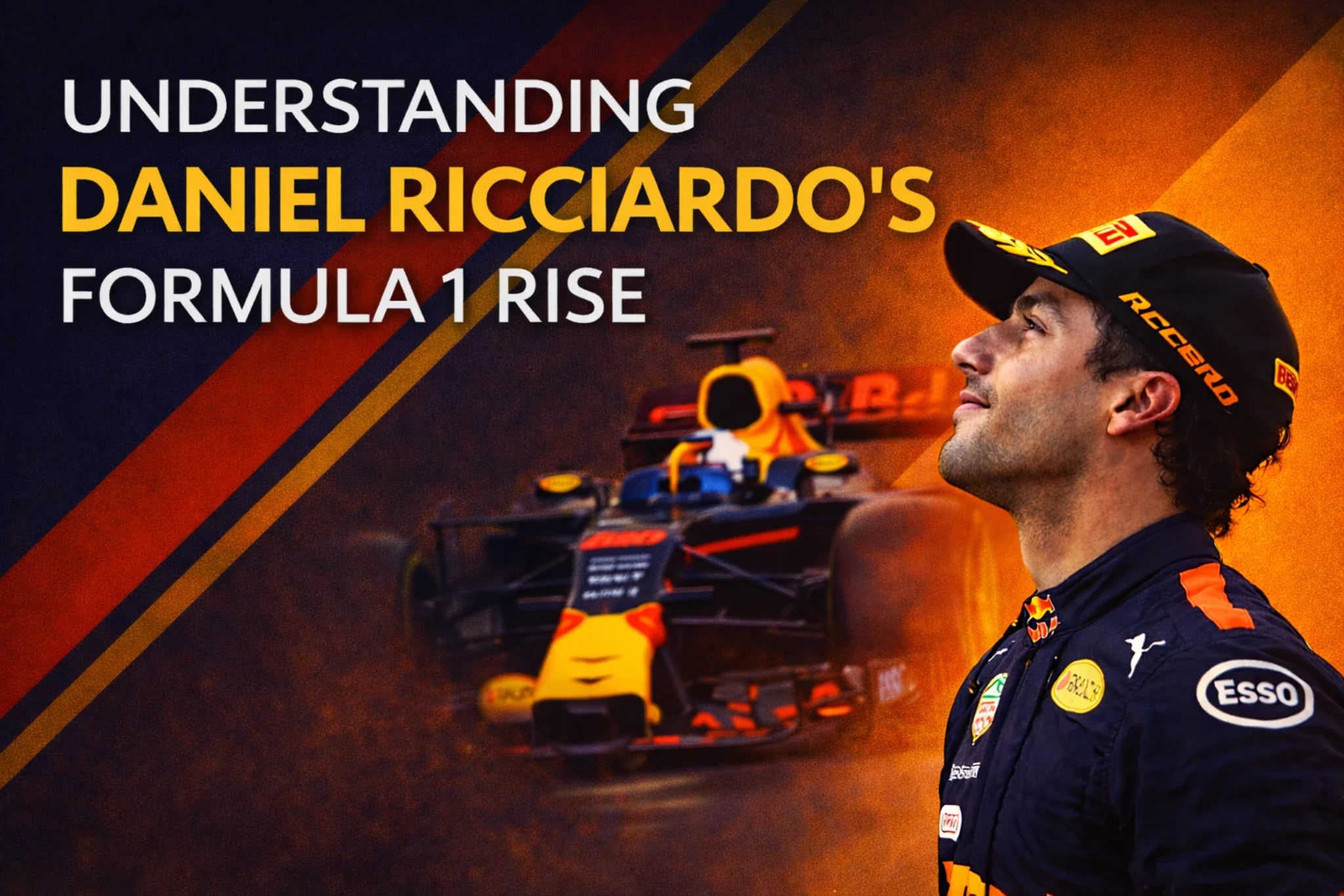 Daniel Ricciardo portrait with Red Bull Formula 1 car background, blog cover exploring his rise in Formula 1 motorsport 
