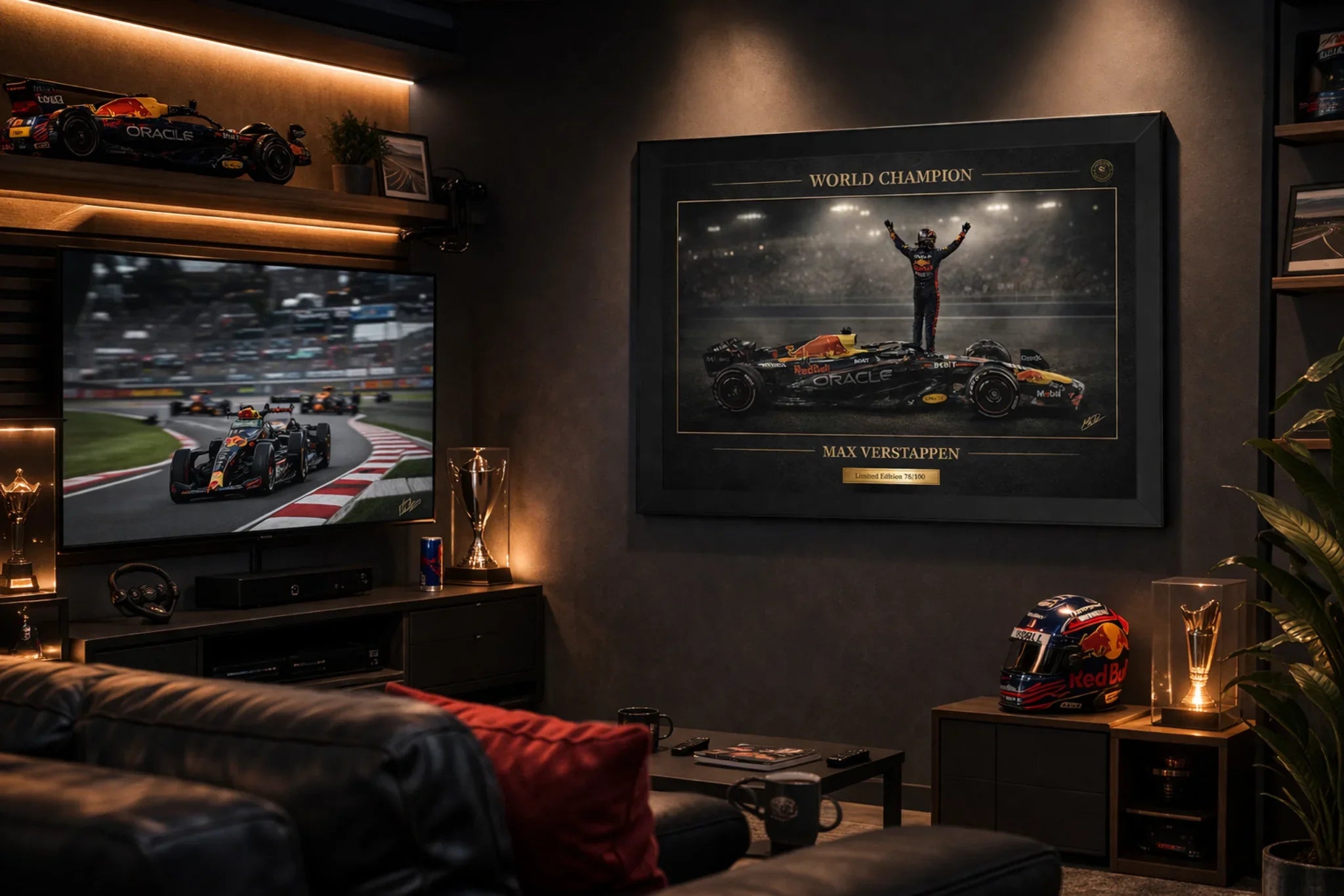 Max Verstappen wall art displayed in a modern F1 man cave with racing setup, ambient lighting, and premium motorsport decor 