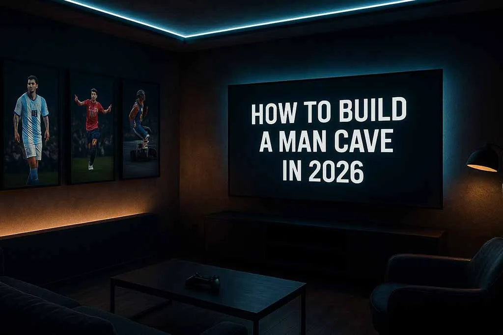 Modern sports man cave with framed wall art and LED lighting – banner for how to build a man cave in 2026