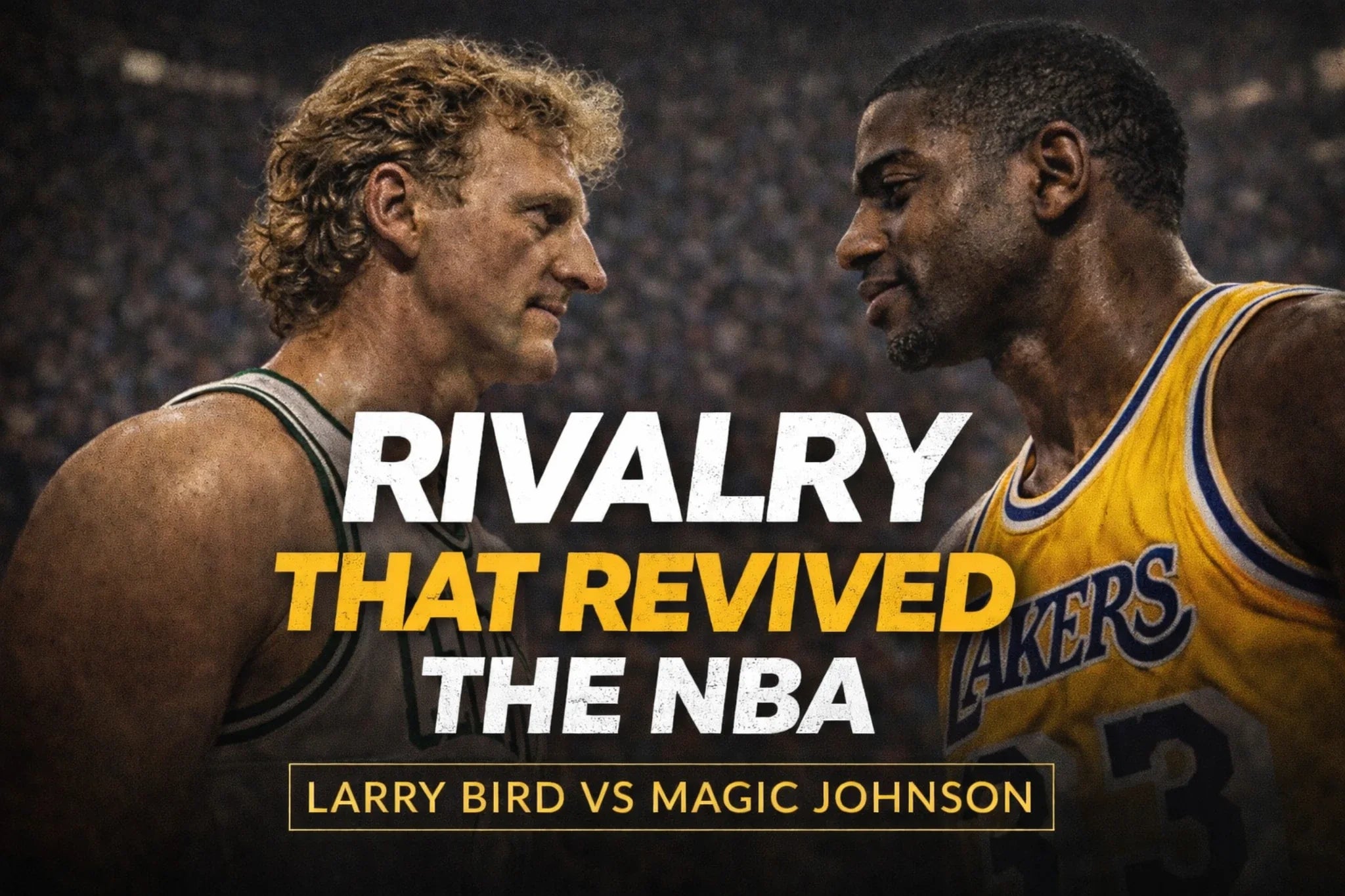 Larry Bird vs Magic Johnson NBA rivalry thumbnail showing intense face-off with bold text highlighting iconic basketball era 