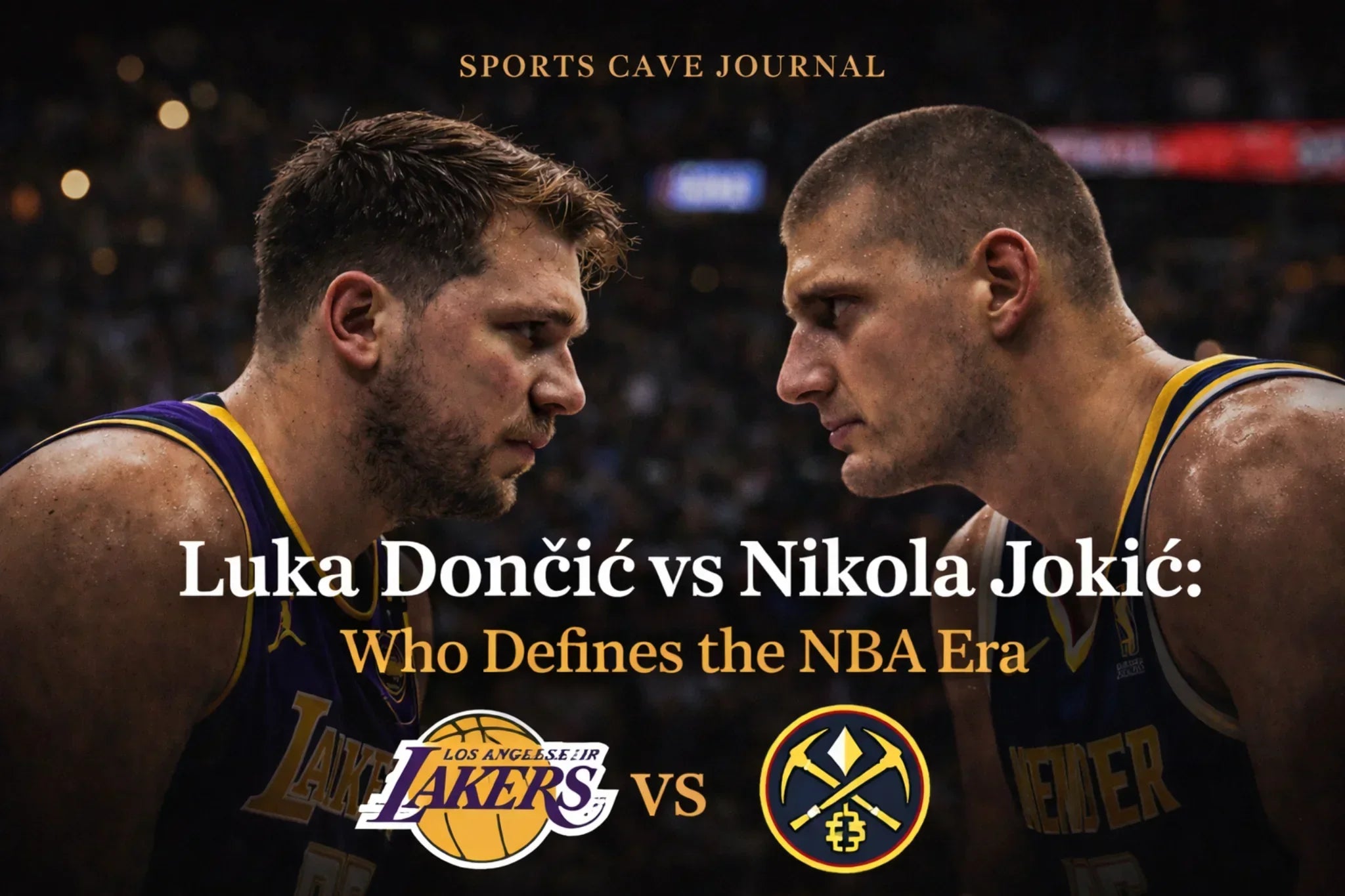 Close-up of Luka Doncic and Nikola Jokic facing off, highlighting NBA rivalry and modern basketball wall art inspiration 