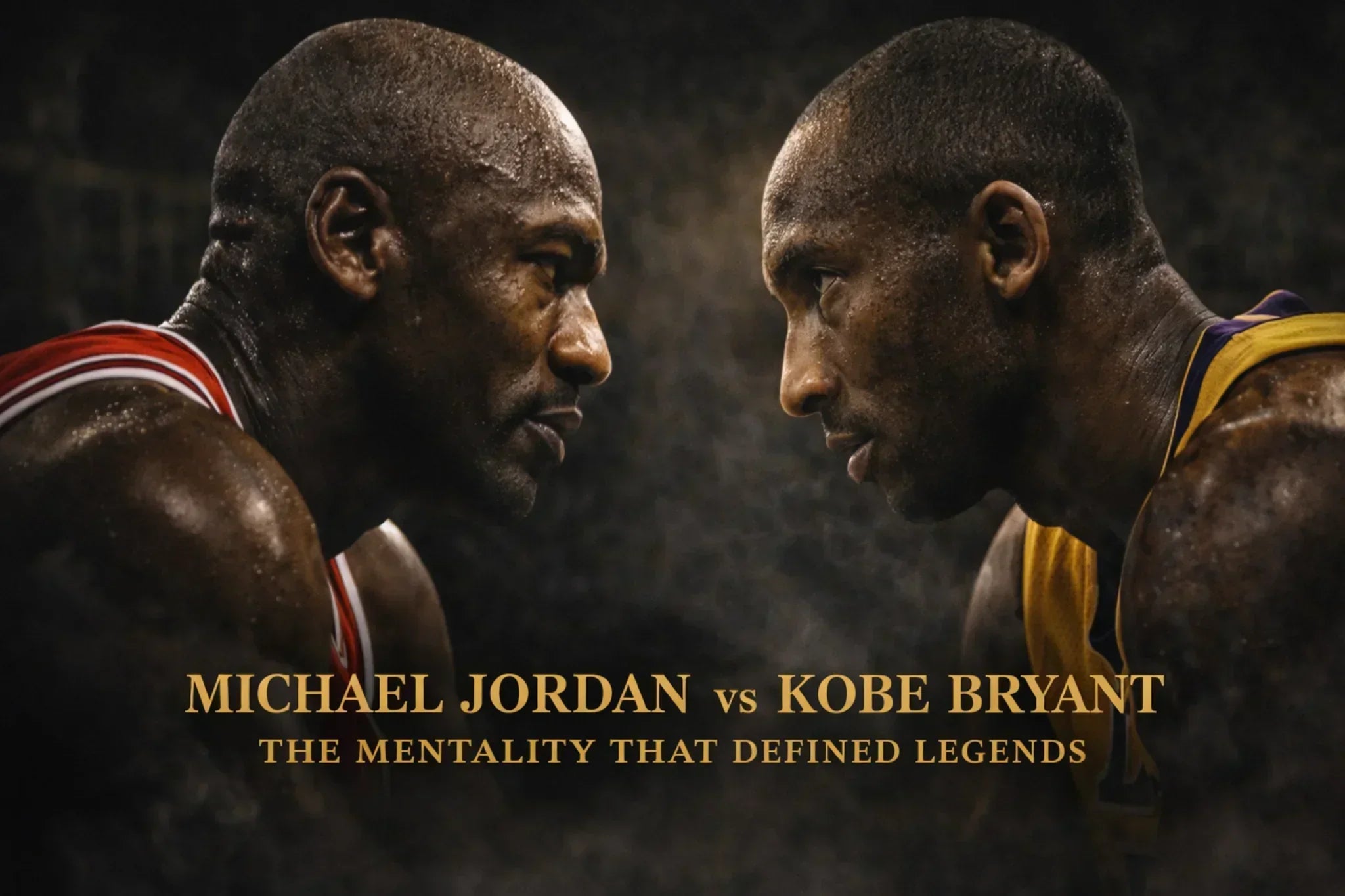 Michael Jordan and Kobe Bryant facing off in dramatic NBA rivalry artwork representing the competitive mentality that defined two basketball legends. 