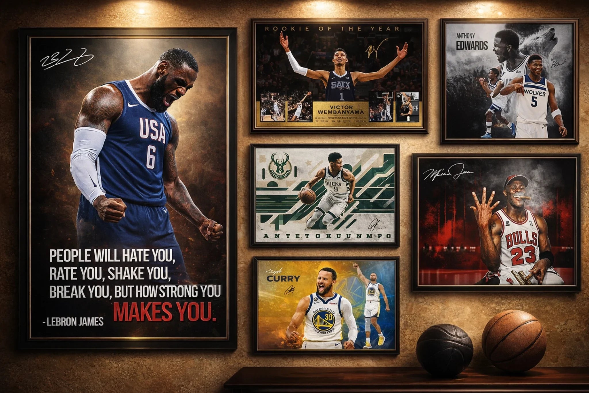 Premium NBA wall art collection featuring framed posters of LeBron James, Michael Jordan, Stephen Curry, Giannis Antetokounmpo, Victor Wembanyama, and Anthony Edwards displayed in a luxury sports decor setting