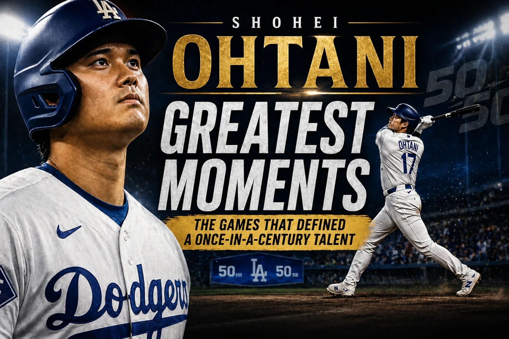 Shohei Ohtani greatest moments baseball thumbnail featuring Dodgers uniform portrait and action swing with bold headline design 
