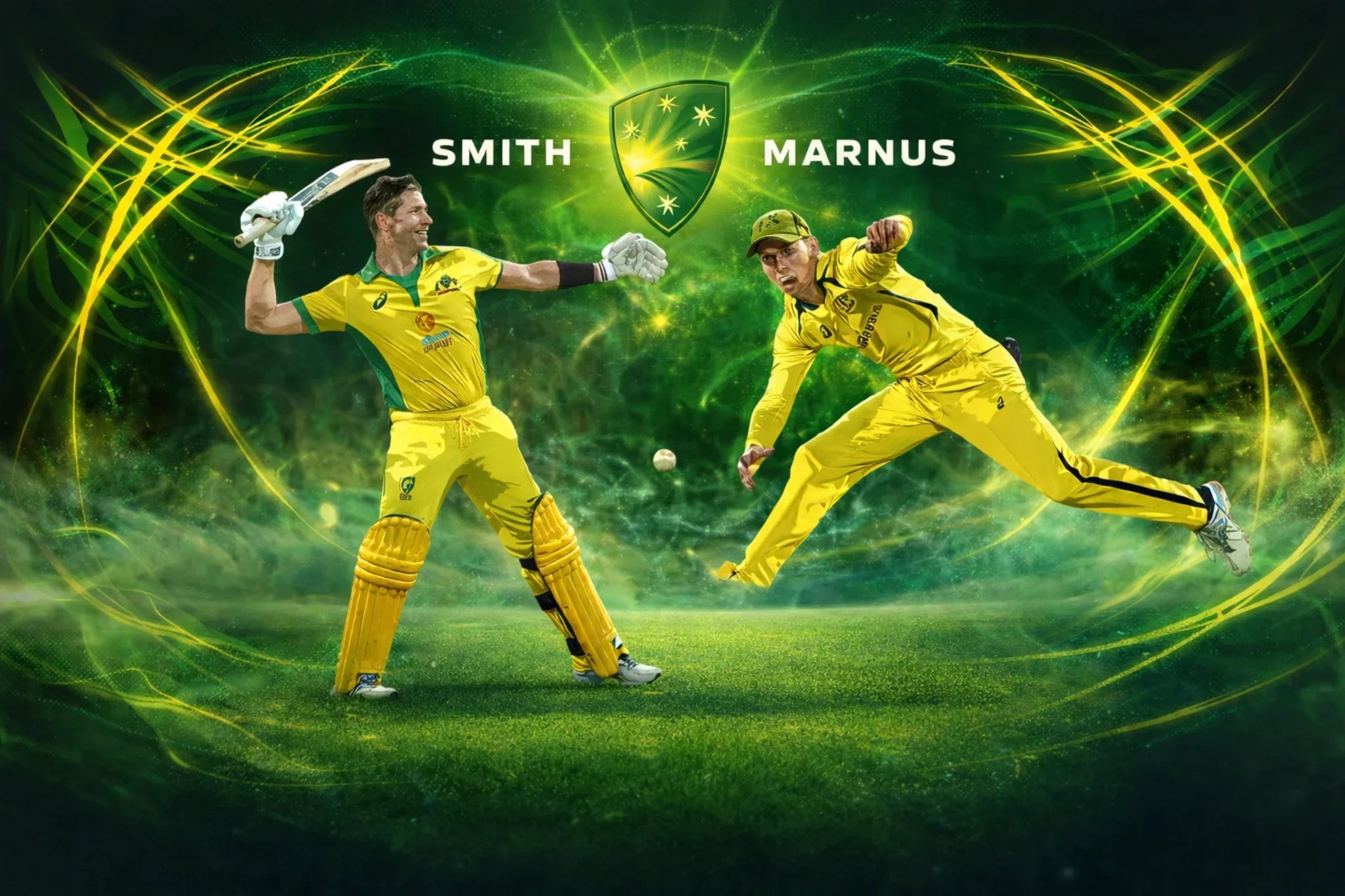 Steve Smith batting and Marnus Labuschagne fielding in Australia’s yellow kit, dynamic cricket action artwork with green energy background.