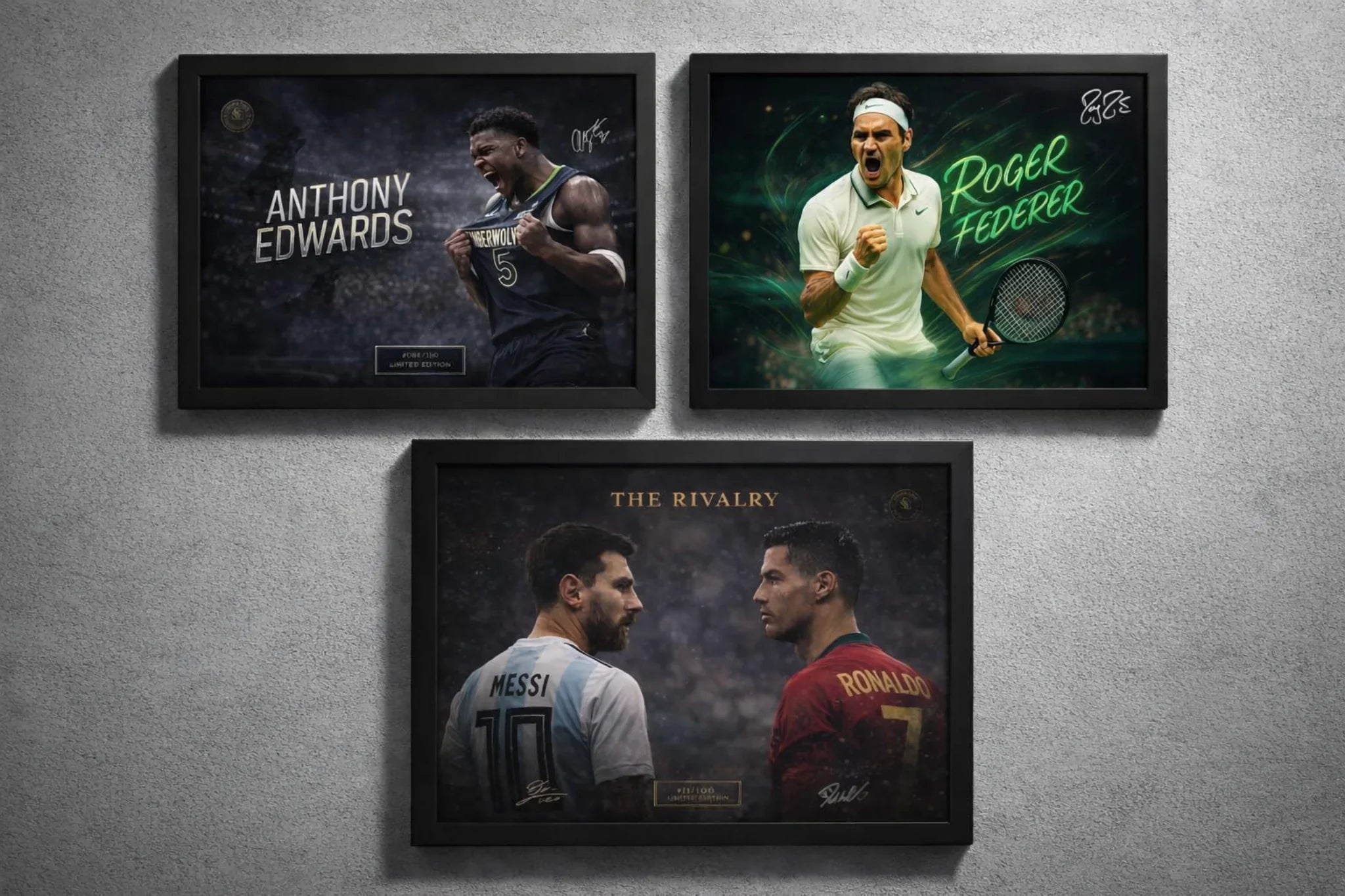 Framed sports wall art gallery featuring Anthony Edwards basketball poster, Roger Federer tennis artwork, and Messi vs Ronaldo rivalry limited edition print displayed on a neutral textured wall. 