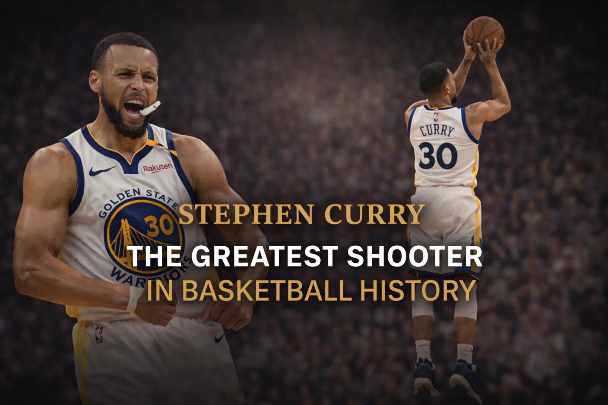Stephen Curry greatest shooter NBA cover image featuring dynamic action shots and bold typography highlighting his historic impact on basketball 