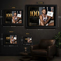 Wilt Chamberlain wall art size guide showing XL, L, M and S framed dimensions for the 100 tribute design.