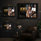 Wilt Chamberlain wall art size guide showing XL, L, M and S framed dimensions for the 100 tribute design.