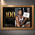Oak framed Wilt Chamberlain basketball wall art featuring the 100 tribute design for a warm collector display.