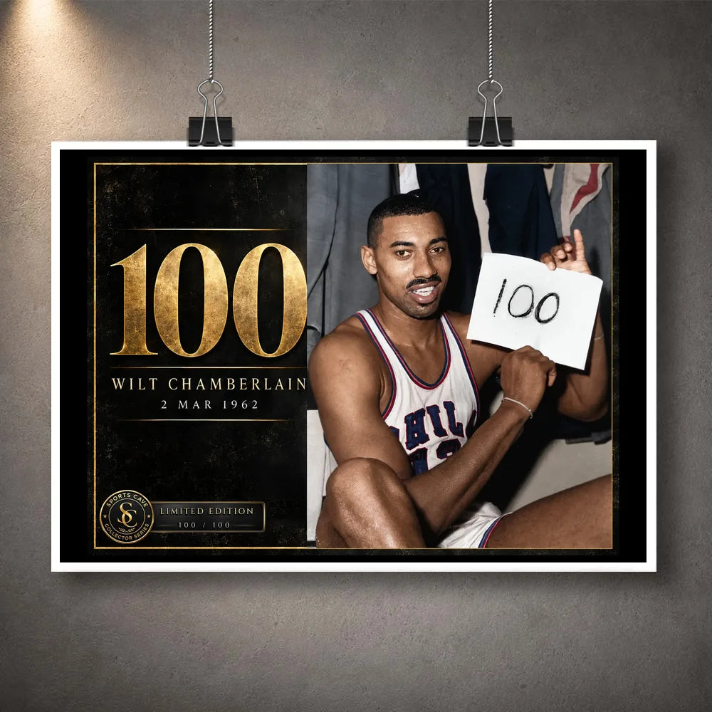 Unframed Wilt Chamberlain basketball wall art featuring the 100 tribute design for a custom frame or collector display.