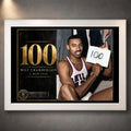 White framed Wilt Chamberlain basketball wall art featuring the 100 tribute design for a clean collector display.