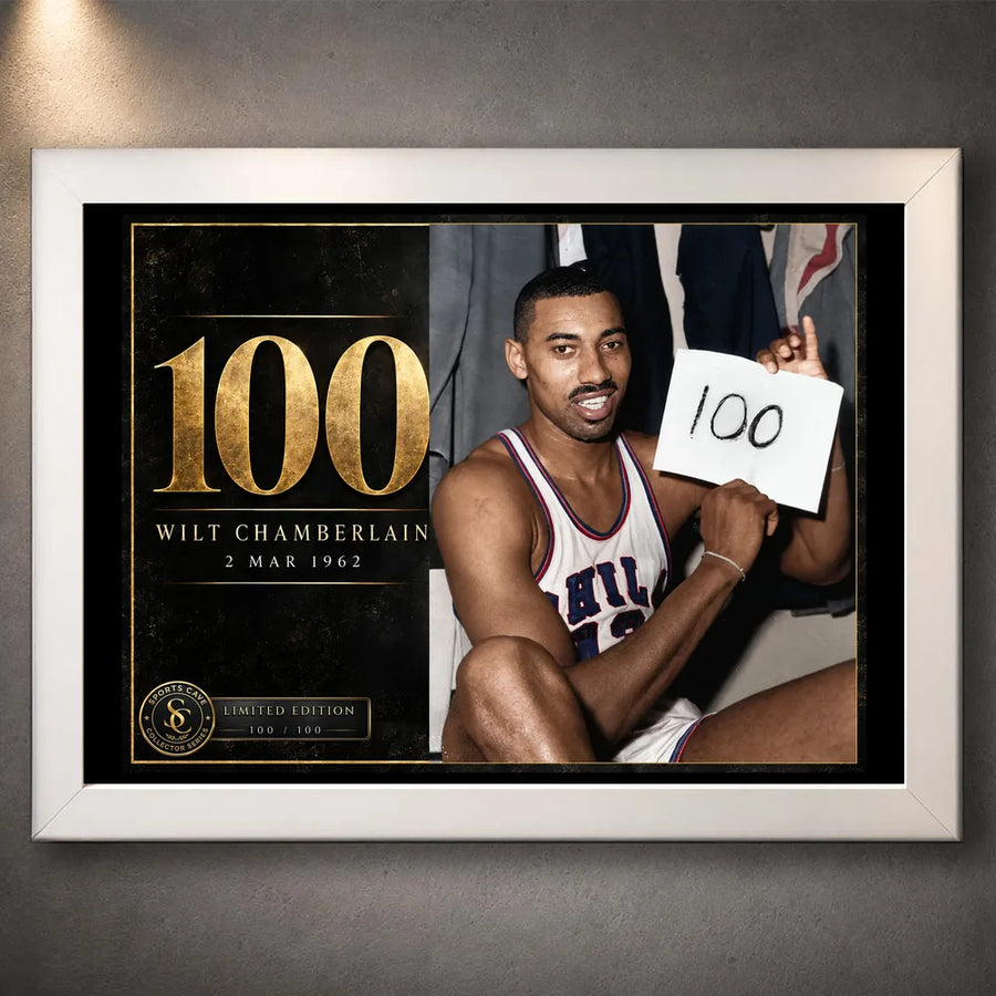 White framed Wilt Chamberlain basketball wall art featuring the 100 tribute design for a clean collector display.