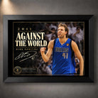 Black framed Dirk Nowitzki basketball wall art featuring the 2011 Against The World collector design.