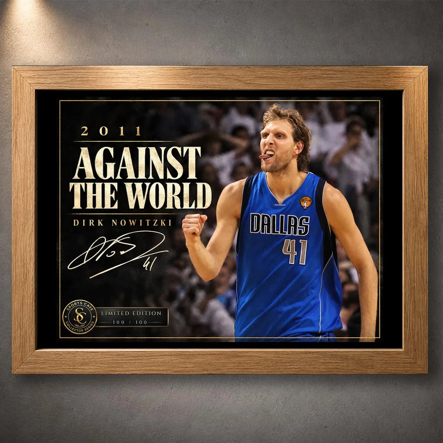 Oak framed Dirk Nowitzki basketball wall art featuring the 2011 Against The World collector design.
