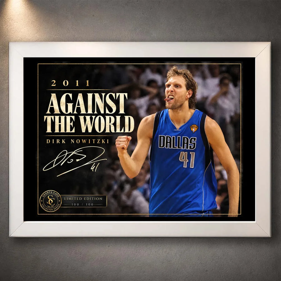 White framed Dirk Nowitzki basketball wall art featuring the 2011 Against The World collector design.