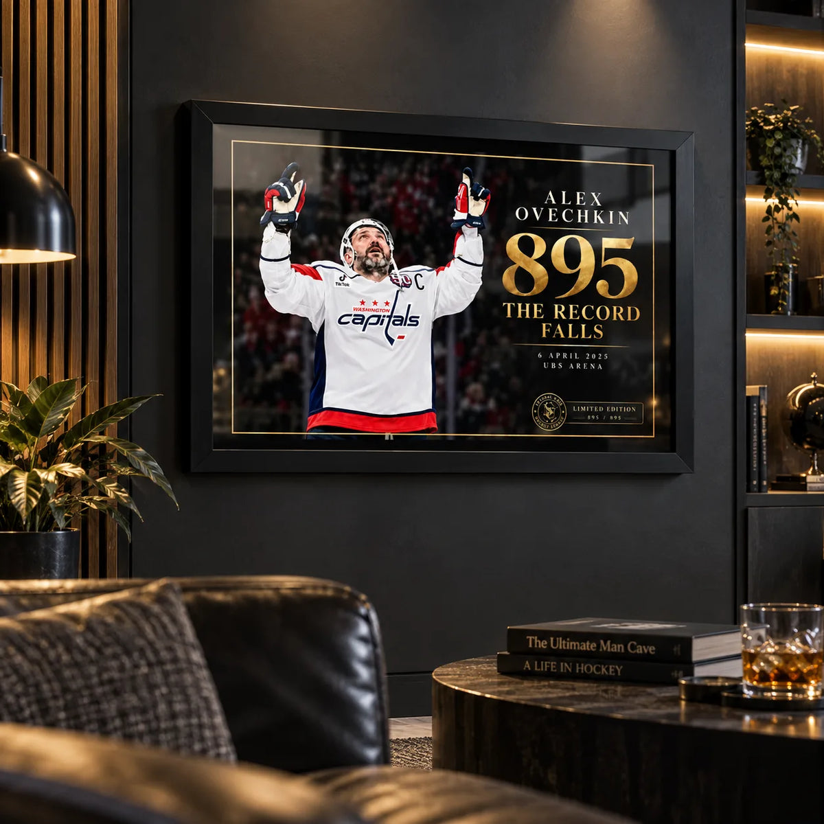 Alex Ovechkin 895 hockey wall art displayed in a dark man cave with black framing and premium collector styling.