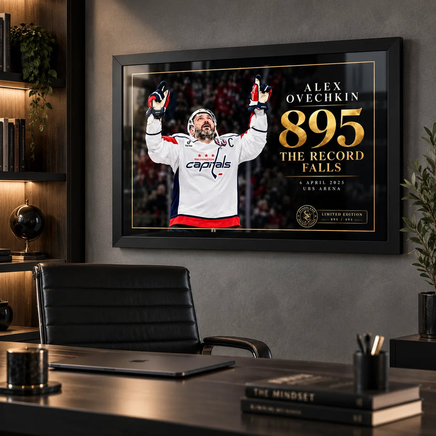 Alex Ovechkin 895 hockey wall art displayed in a modern office with a black frame and dark collector-style interior.