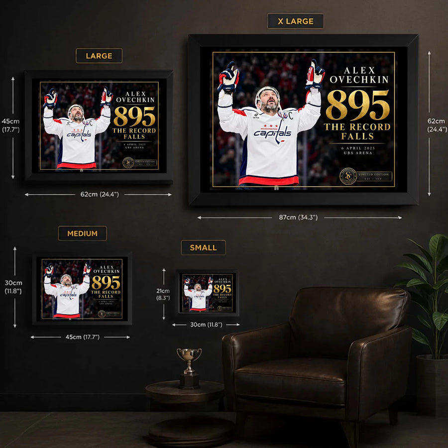 Alex Ovechkin 895 hockey wall art size guide showing available framed and unframed dimensions from Small to X Large.