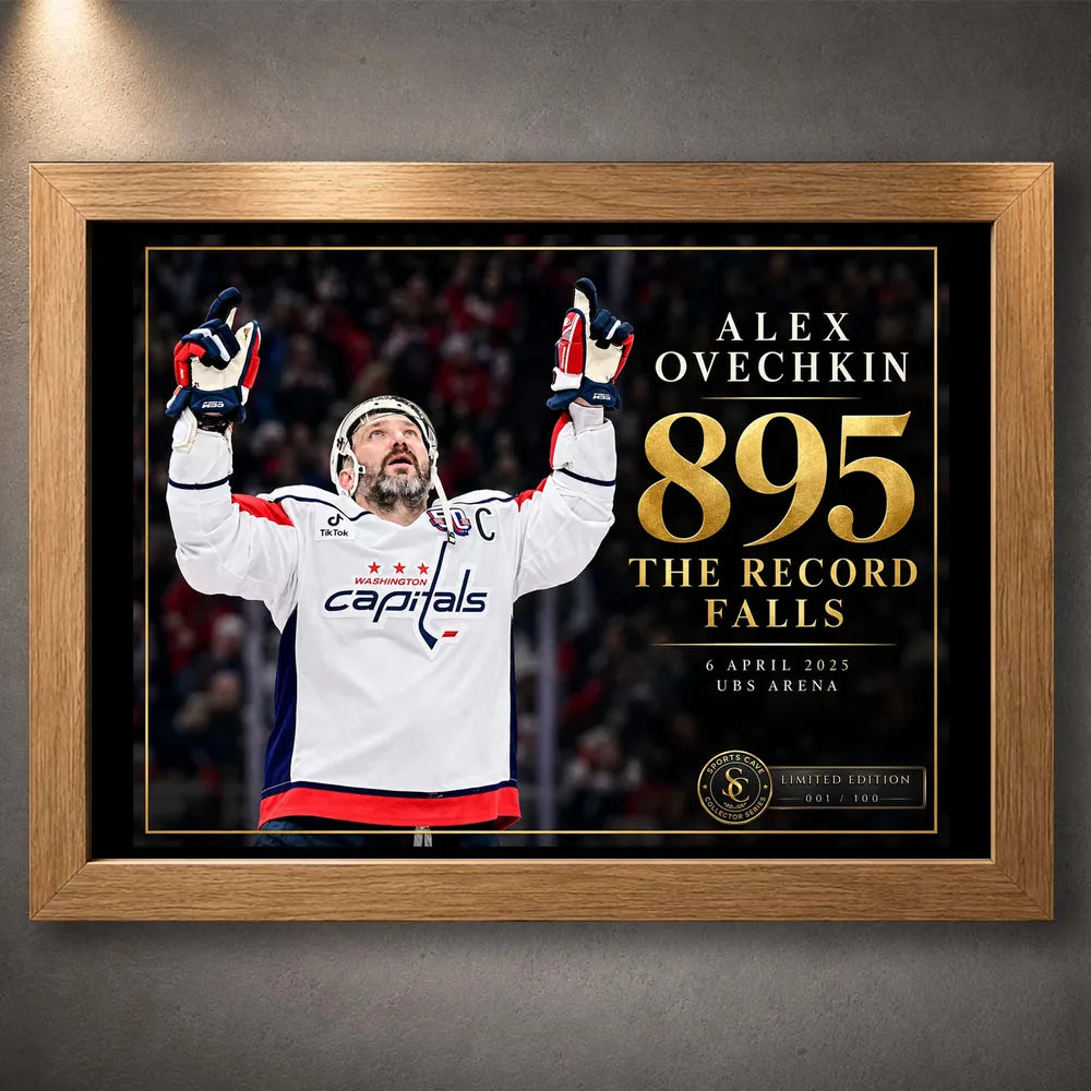 Oak framed Alex Ovechkin 895 hockey wall art with black and gold record tribute design for hockey collectors.
