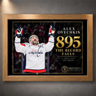 Oak framed Alex Ovechkin 895 hockey wall art with black and gold record tribute design for hockey collectors.
