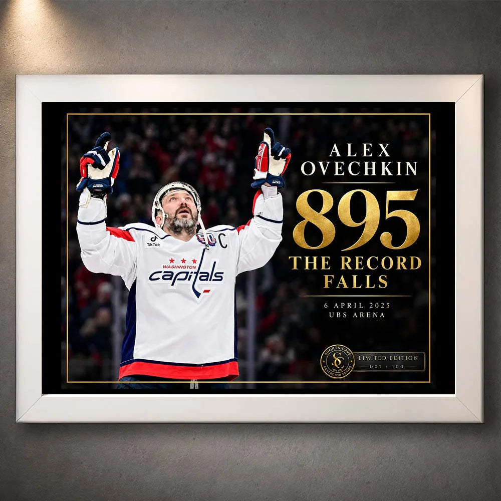 White framed Alex Ovechkin 895 hockey wall art with black and gold record tribute design for hockey collectors.