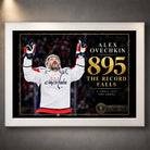 White framed Alex Ovechkin 895 hockey wall art with black and gold record tribute design for hockey collectors.