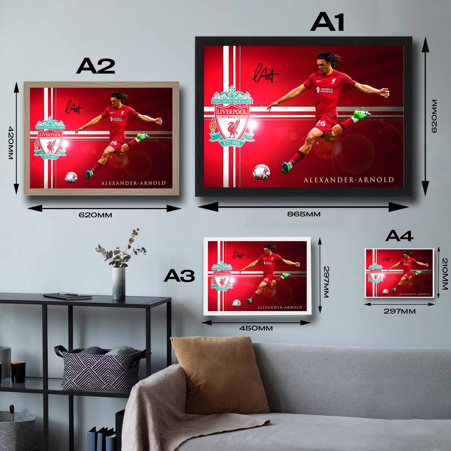 Visual representation of Trent Alexander-Arnold framed art size options, ranging from S - 21 × 30 cm (8.3 × 11.8 in) to L - 45 × 62 cm (17.7 × 24.4 in), for selecting the right size for your space.