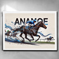 Anamoe Horse Racing Art in white frame by Sports Cave, featuring the champion horse Anamoe in action, perfect wall decor for horse racing fans and man cave enthusiasts.